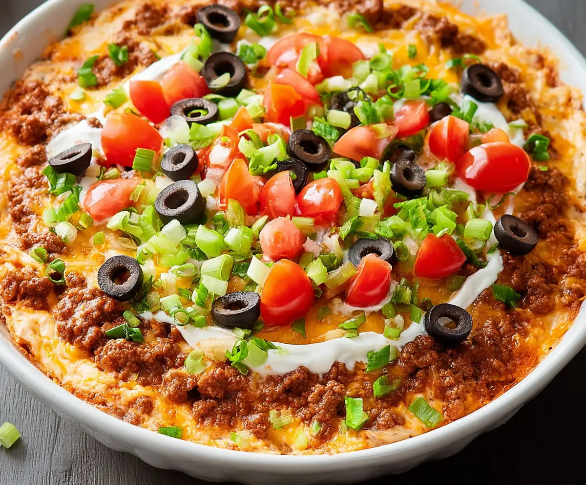 Delicious taco dip with ground beef, layered with cheese, lettuce, and tomatoes for a savory appetizer.