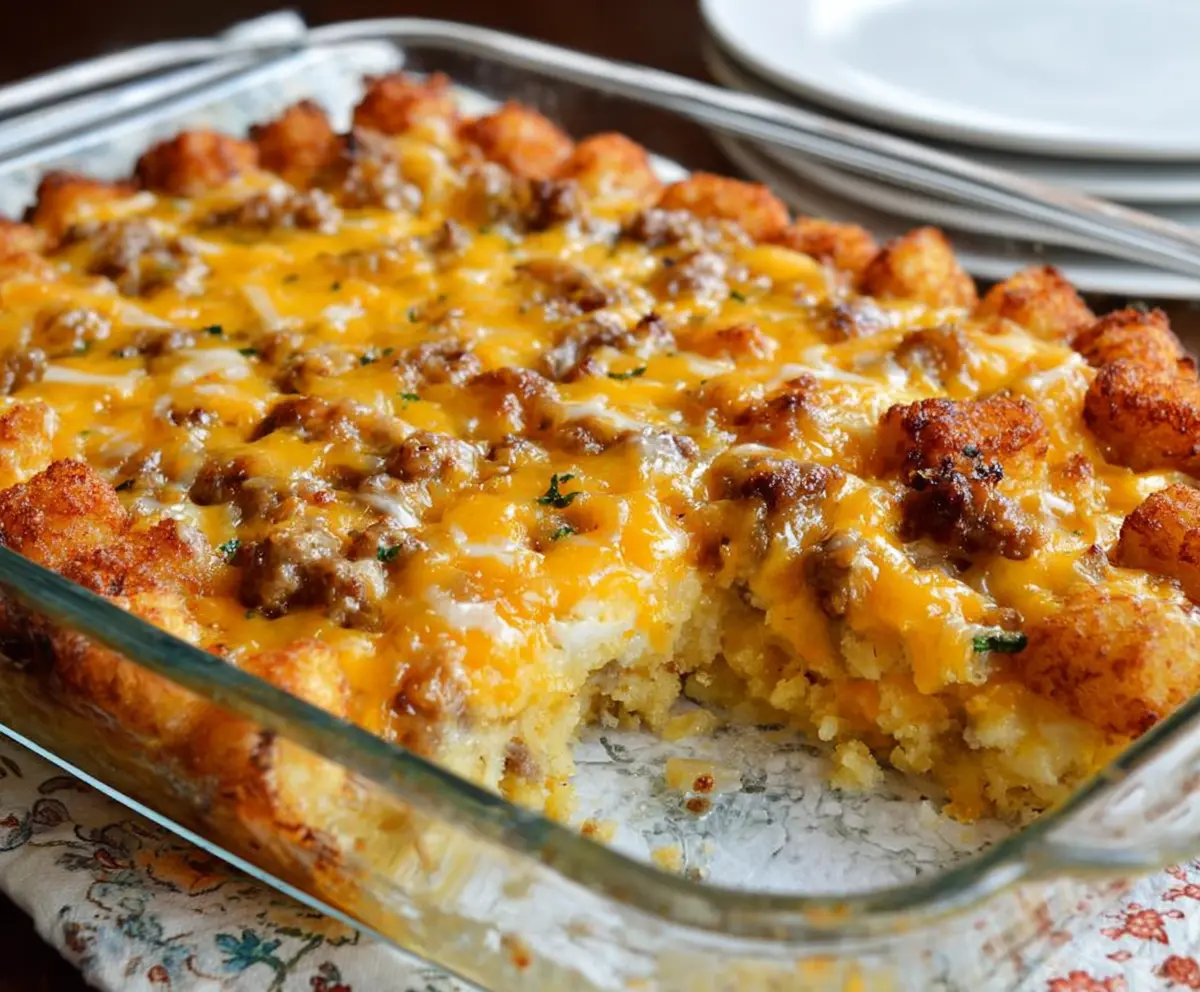 Delicious Tater Tot Sausage Breakfast Casserole with melted cheese and crispy taters on top.