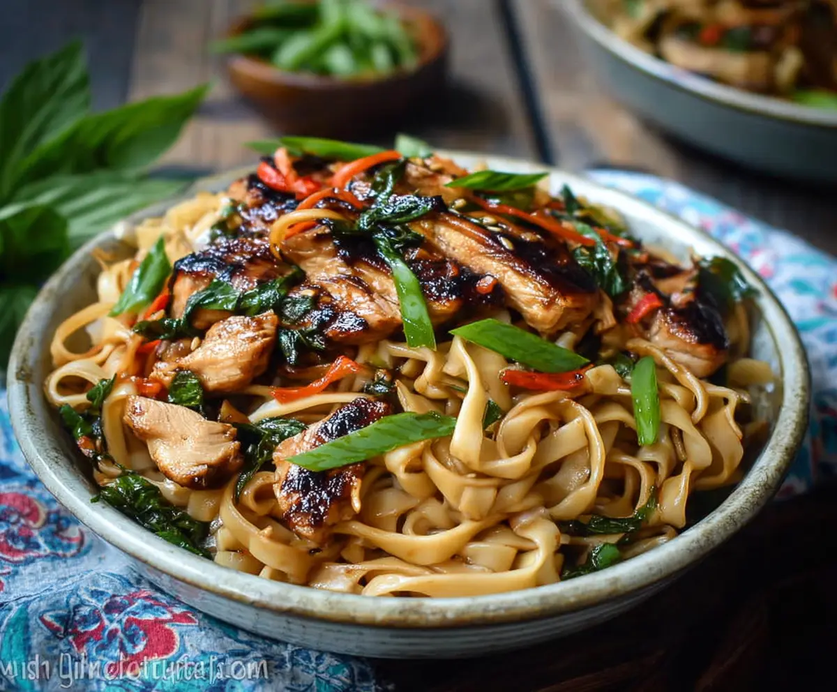 Delicious Thai Basil Chicken Noodles served in a bowl with fresh basil leaves and colorful vegetables.