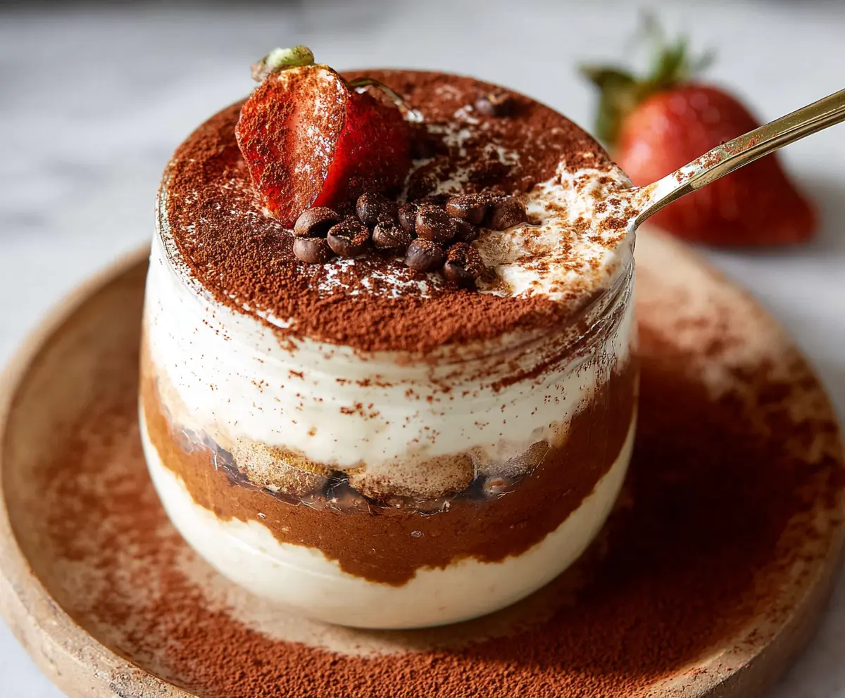 Delicious tiramisu overnight oats in a jar topped with cocoa powder and coffee beans