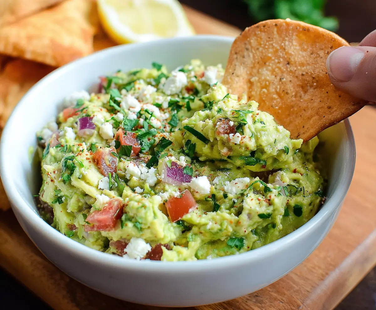Creamy avocado crack dip served in a bowl with fresh herbs and crunchy chips.