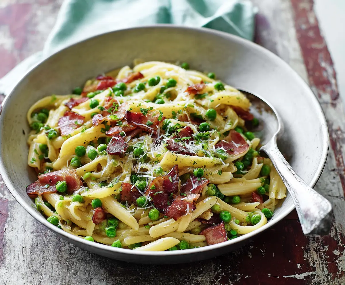 Delicious bacon and pea pasta dish served on a white plate, garnished with fresh herbs.