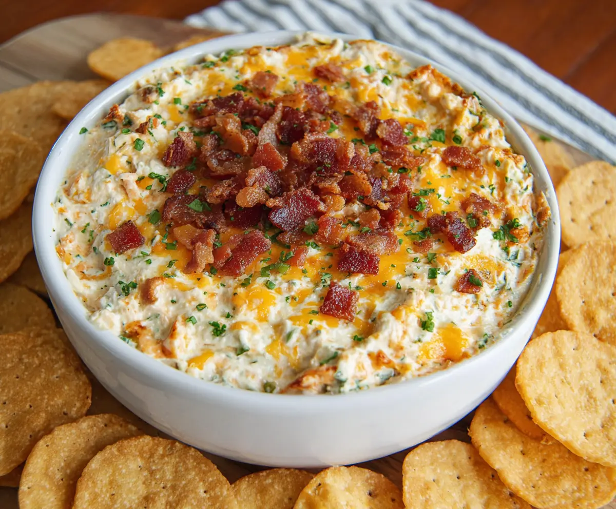Creamy Bacon Cheddar Ranch Dip served with fresh vegetables and chips.