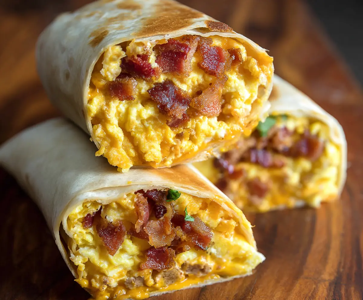 Delicious bacon and egg burrito wrapped in a warm tortilla, perfect for breakfast or brunch.