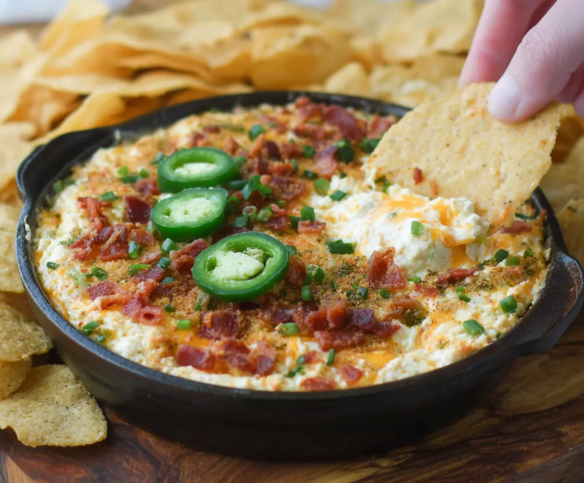 Creamy Bacon Jalapeño Popper Dip served with crispy crackers, topped with melted cheese and fresh jalapeños.