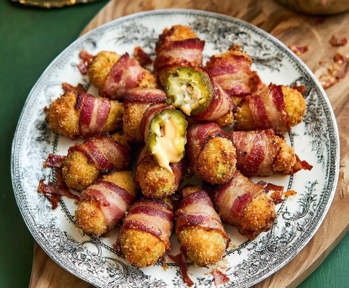 Crispy bacon-wrapped pickle poppers filled with creamy cheese, perfect appetizer for parties.