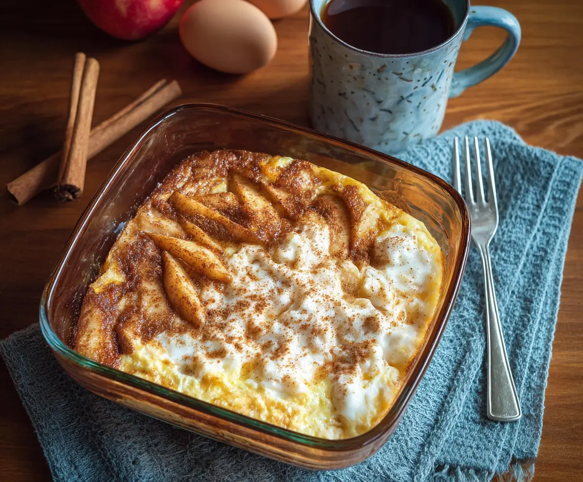 Delicious baked apple cinnamon cottage cheese breakfast served on a plate, garnished with cinnamon and fresh apple slices.