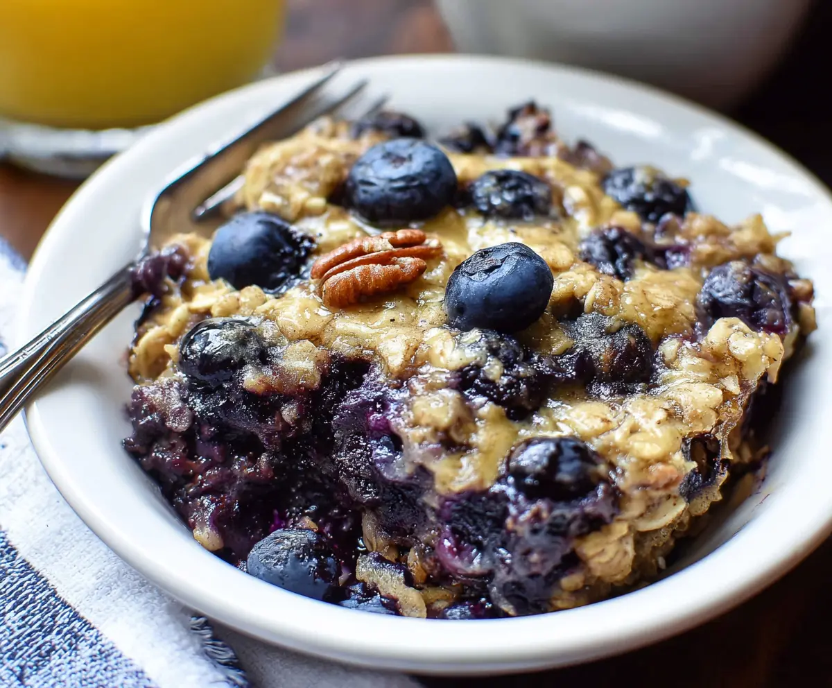 Delicious baked blueberry oatmeal in a white ceramic dish with fresh blueberries on top.