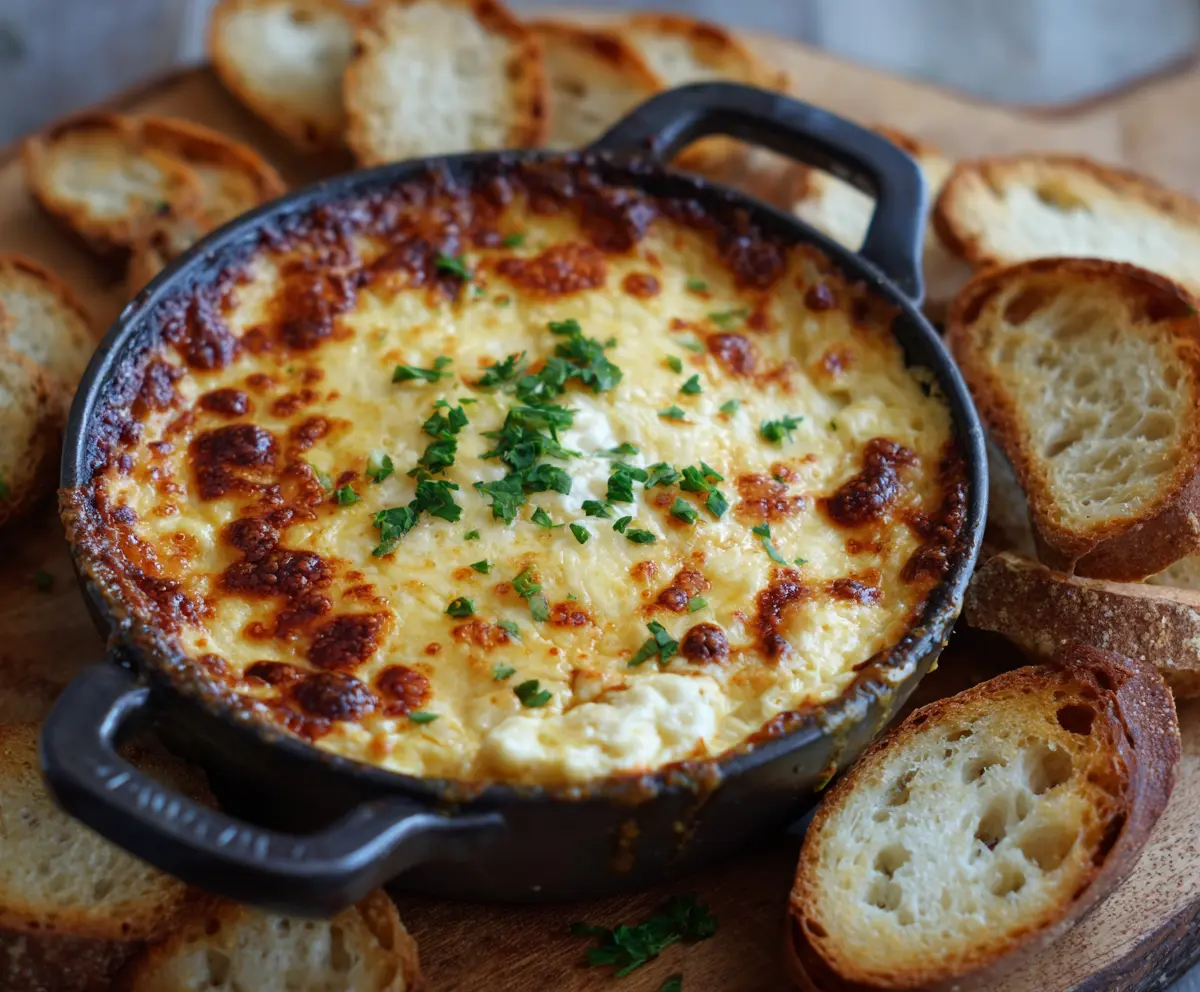 Delicious baked double cheese and sweet onion dip served in a bowl, perfect for parties and snacks.