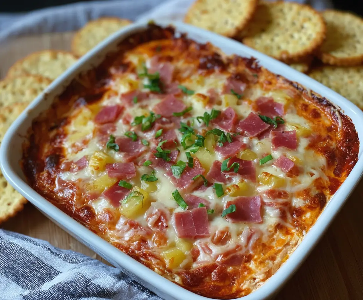 Delicious baked Hawaiian pizza dip with ham, pineapple, and melted cheese served in a baking dish