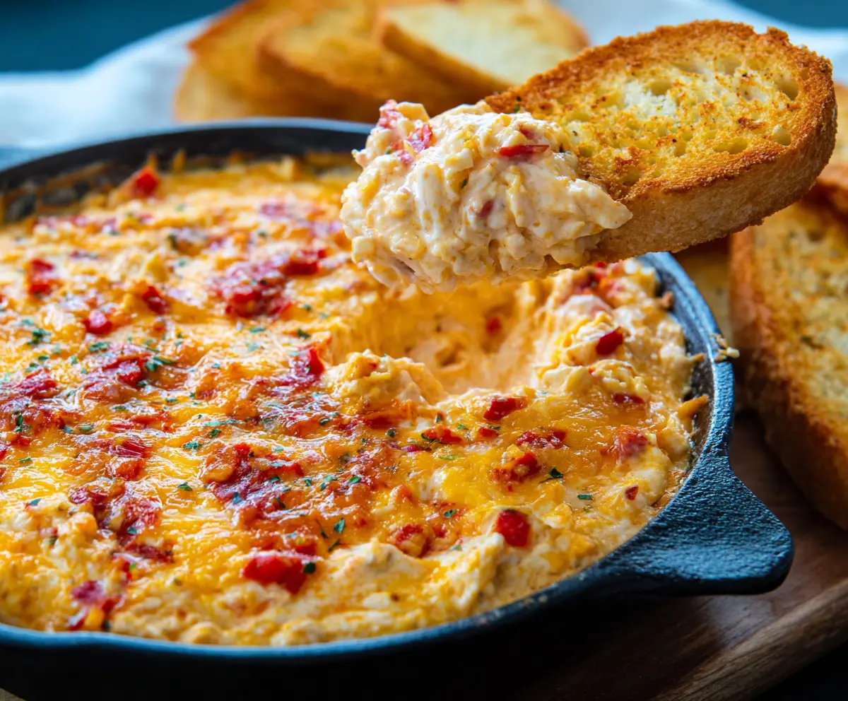 Golden baked pimento cheese dip served with crispy crackers, perfect for appetizer parties.