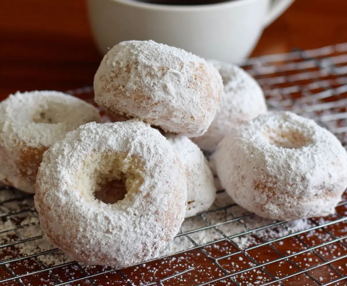 Delicious baked sourdough discard powdered sugar donuts on a plate.