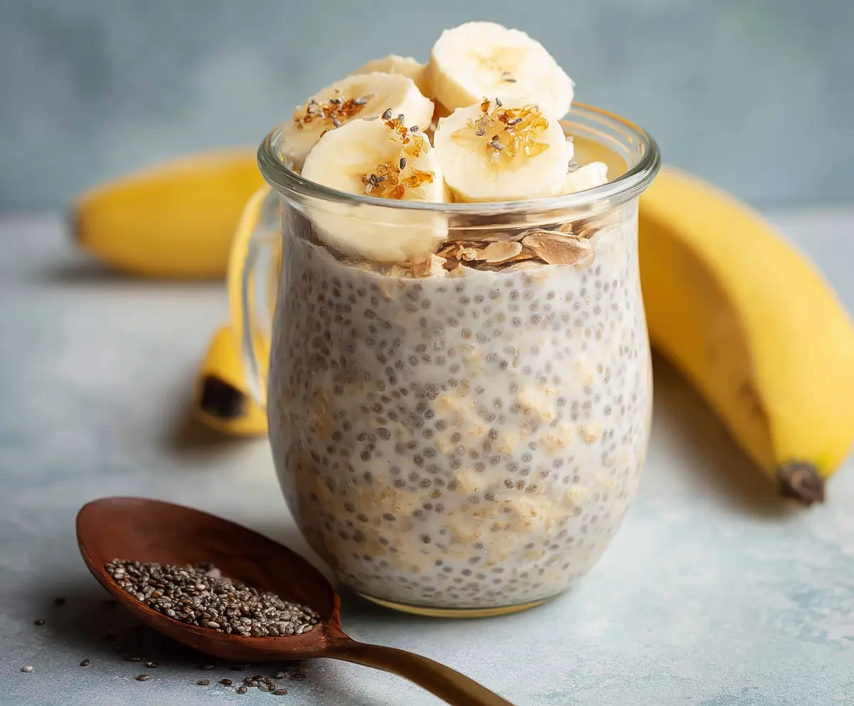 Healthy Banana Chia Overnight Oats in a glass jar with sliced bananas on top