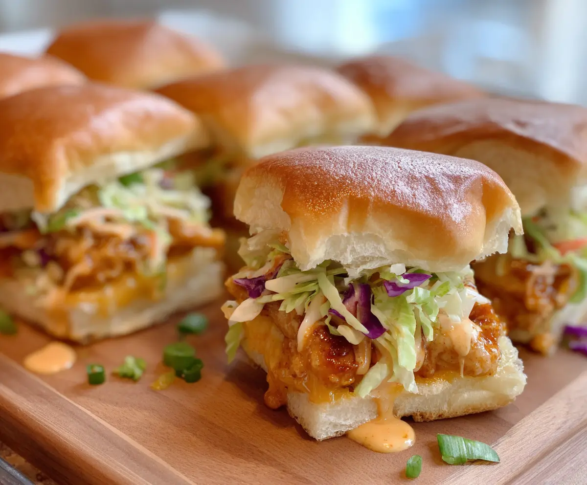Delicious Bang Bang Chicken Sliders with creamy sauce and crispy bun, served as a flavorful appetizer or snack.