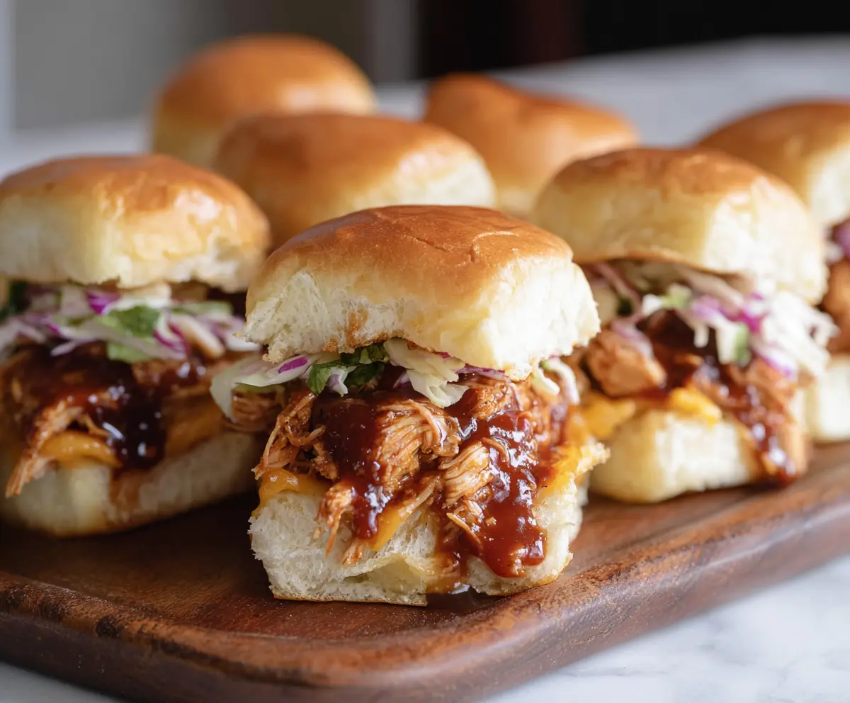 Delicious BBQ chicken sliders topped with cheese and fresh toppings on a plate.