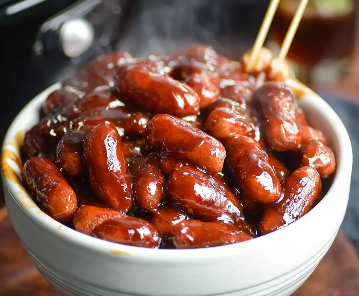 Delicious BBQ Little Smokies cooked in a crock pot, perfect for party appetizers