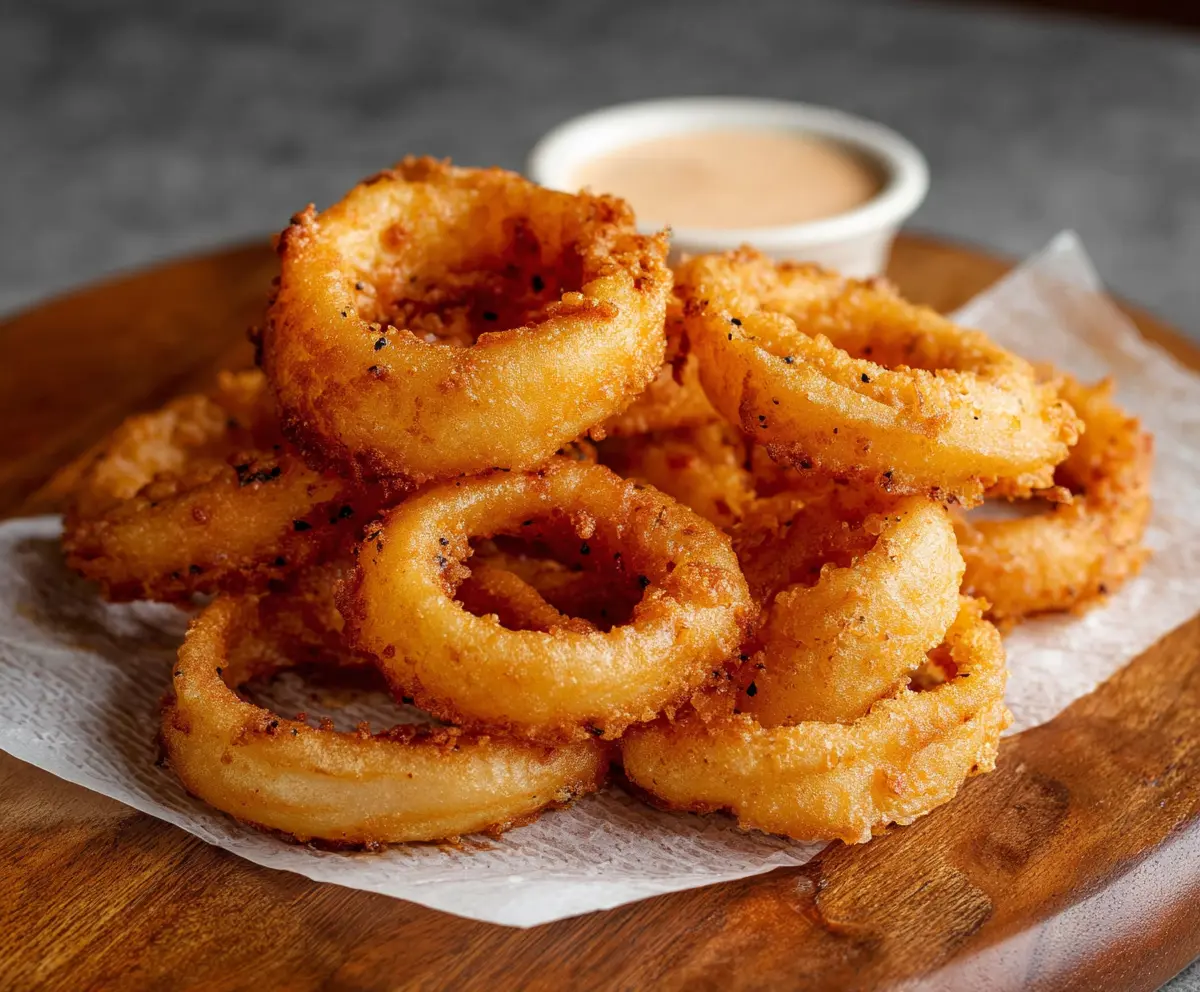 Crispy beer battered onion rings served with a dipping sauce on a plate.