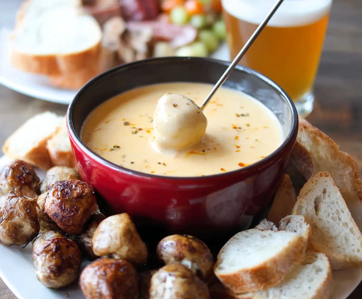 Melted cheese and beer fondue served with crusty bread for dipping, perfect for sharing at gatherings.