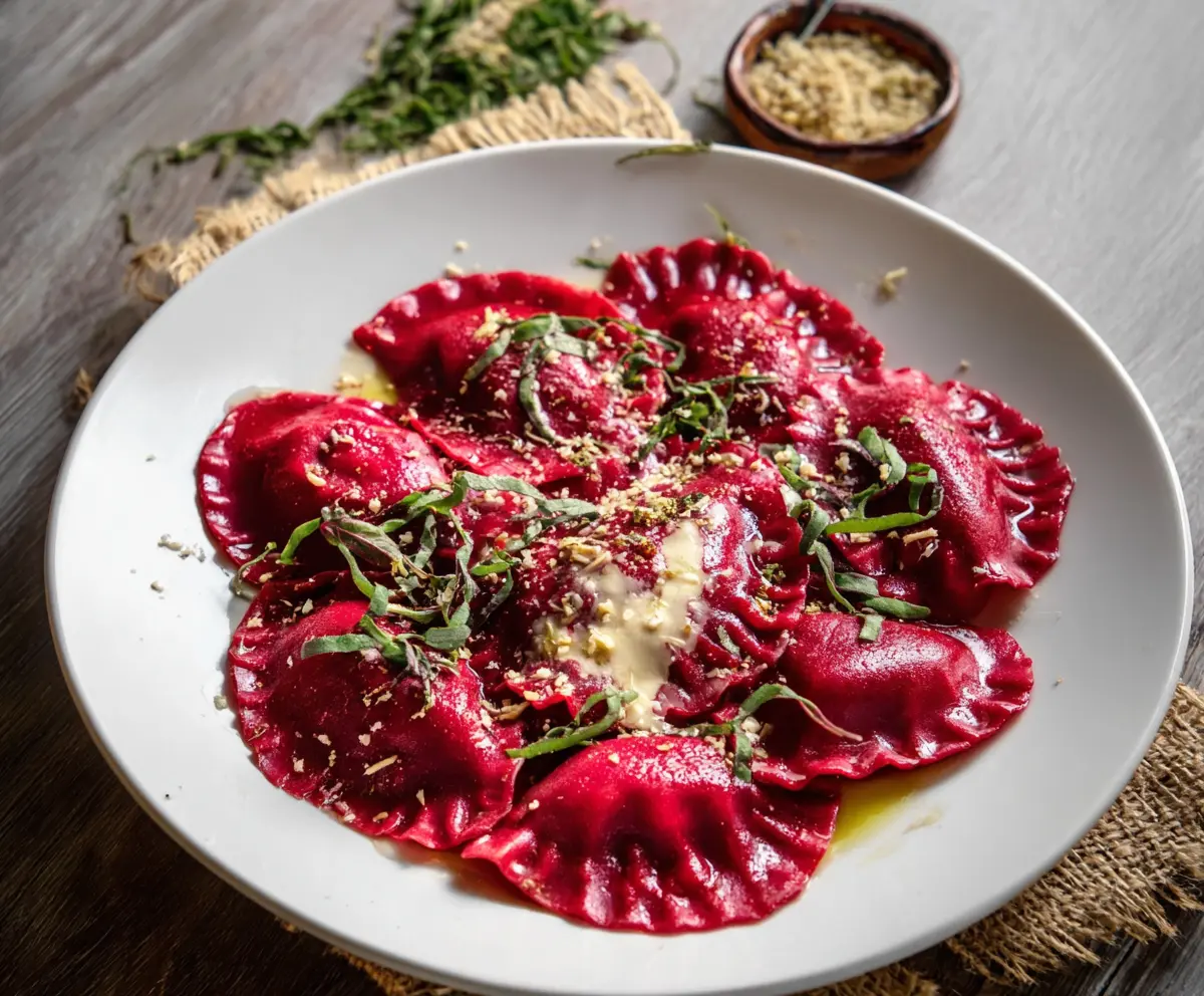 Delicious beet ravioli with vibrant red filling on a white plate, garnished with herbs.