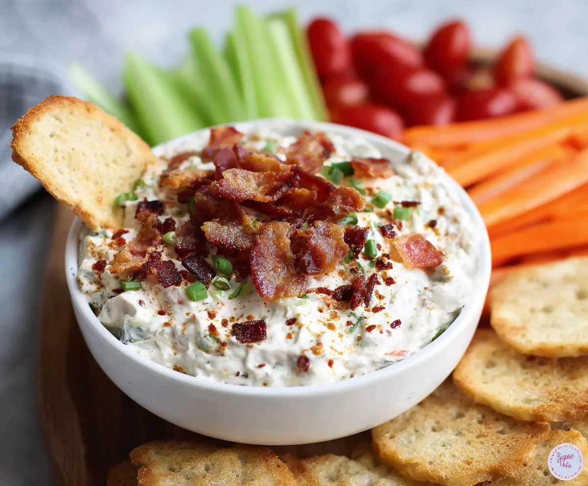 Cream cheese BLT dip with crispy bacon, fresh lettuce, and ripe tomatoes served as a tasty appetizer.