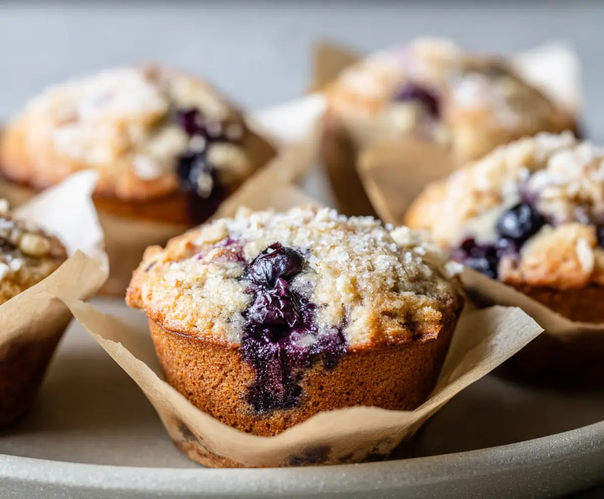 Delicious homemade blueberry sourdough muffins fresh out of the oven, showcasing a golden-brown crust and juicy blueberries.