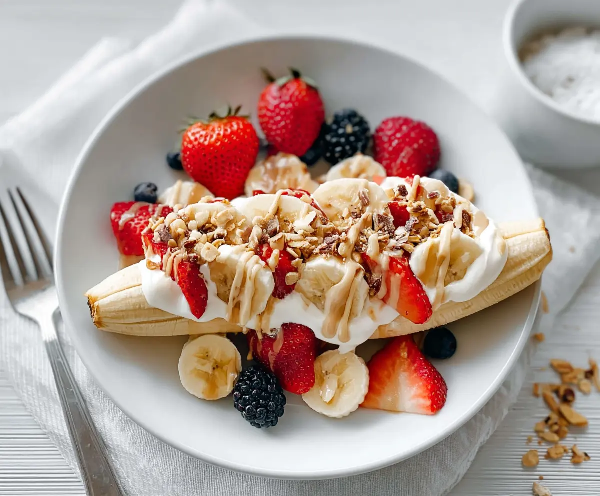 Delicious breakfast banana split with fresh bananas, yogurt, and colorful toppings.