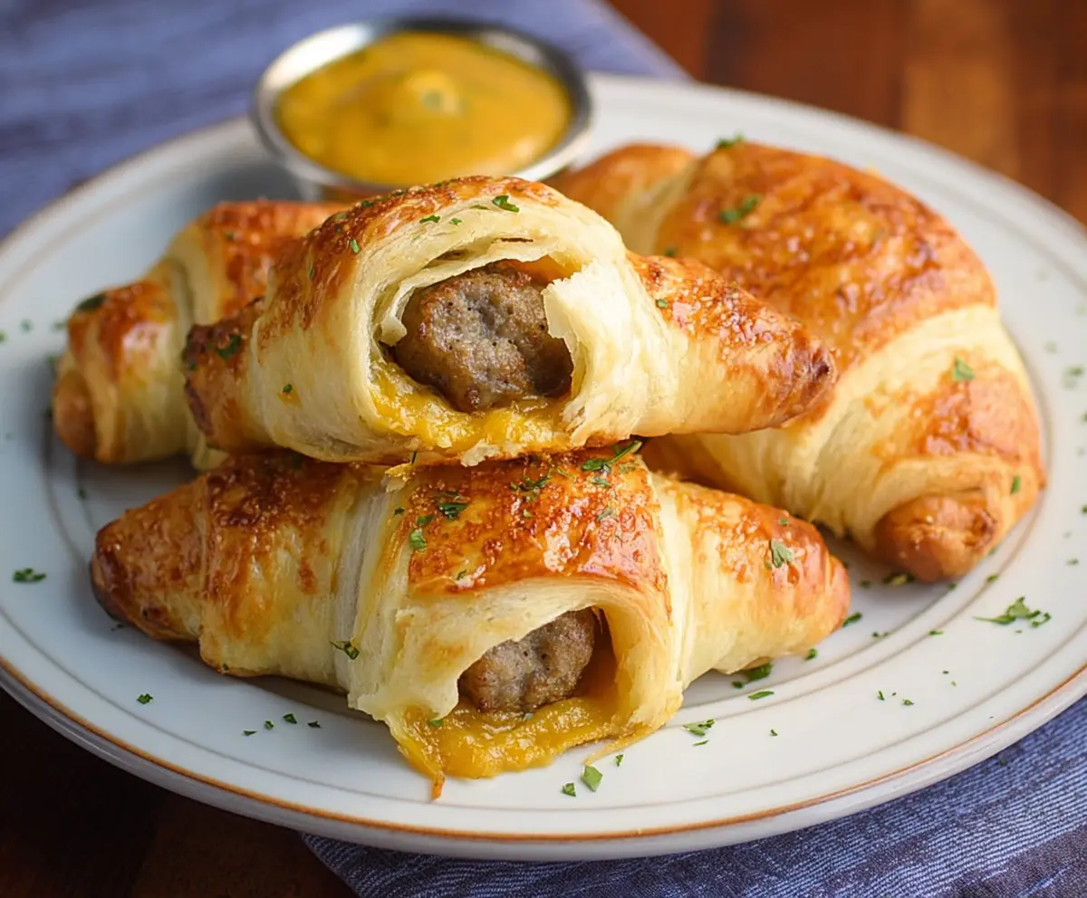 Golden Breakfast Sausage Crescent Rolls filled with savory sausage and flaky crescent dough for a delicious breakfast treat.