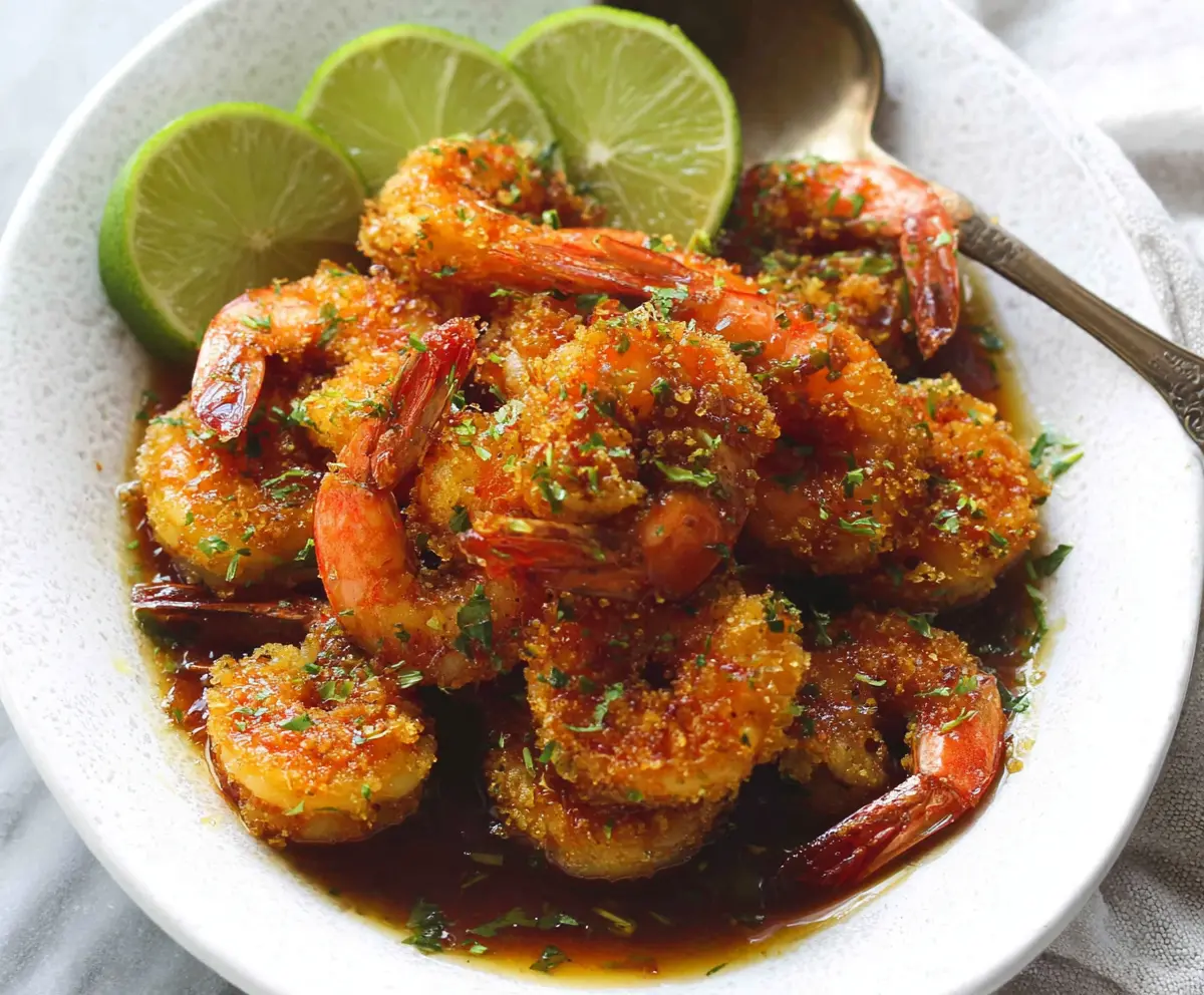 Juicy baked shrimp tossed in brown sugar and lime on a plate