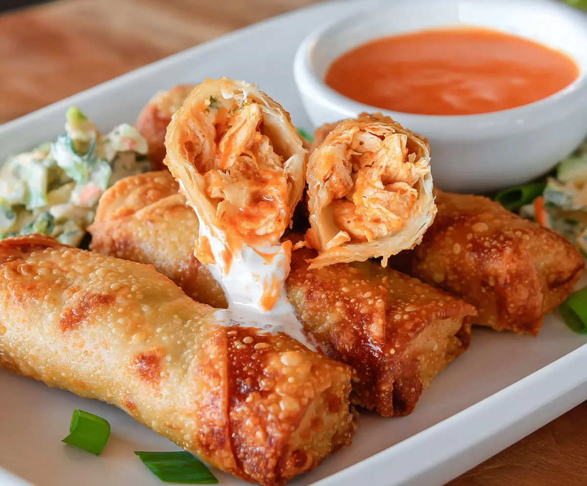 Crispy Buffalo chicken egg rolls with a side of blue cheese dipping sauce on a white plate.