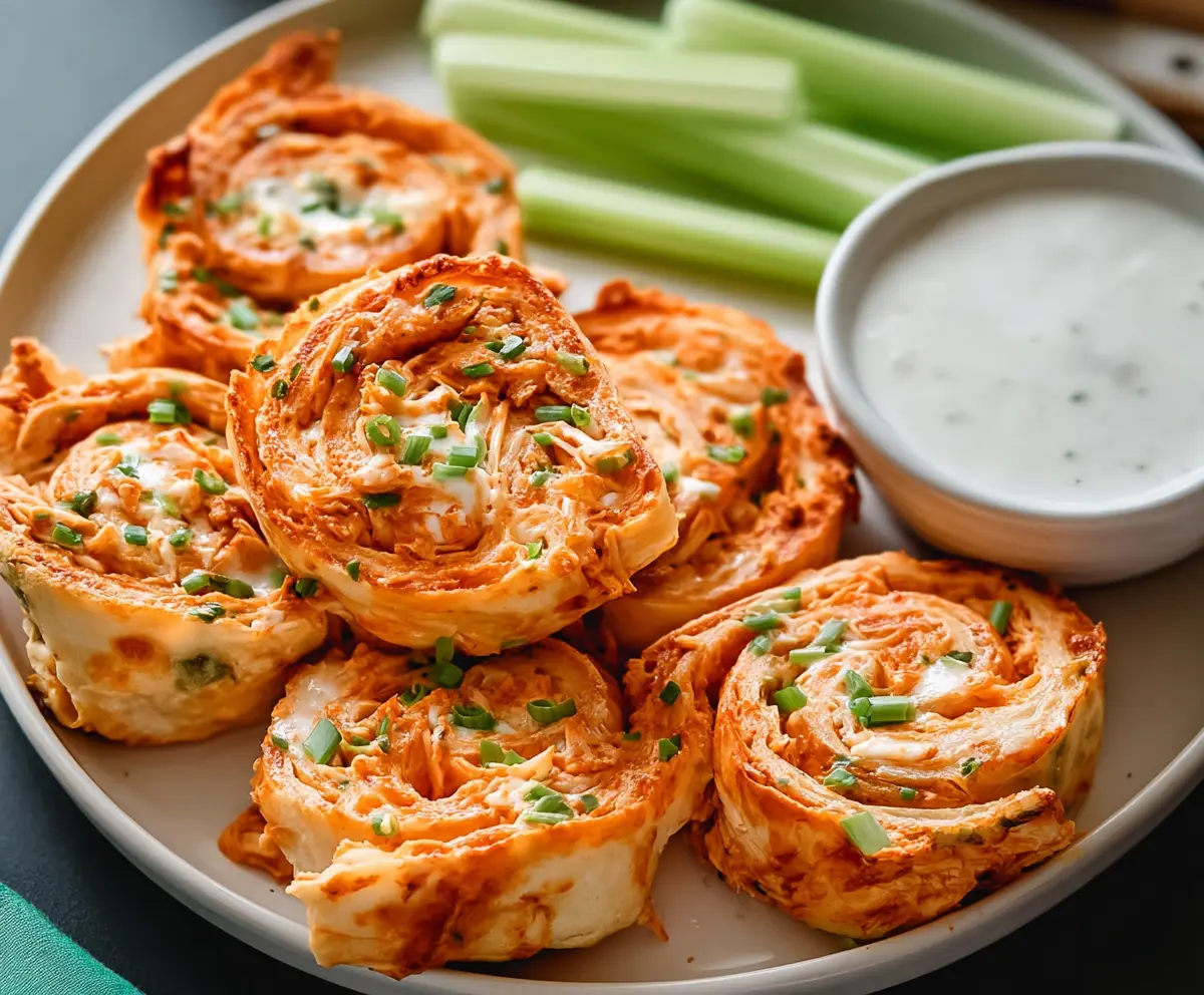 Delicious Buffalo Chicken Ranch Pinwheels with crispy external layer and savory filling