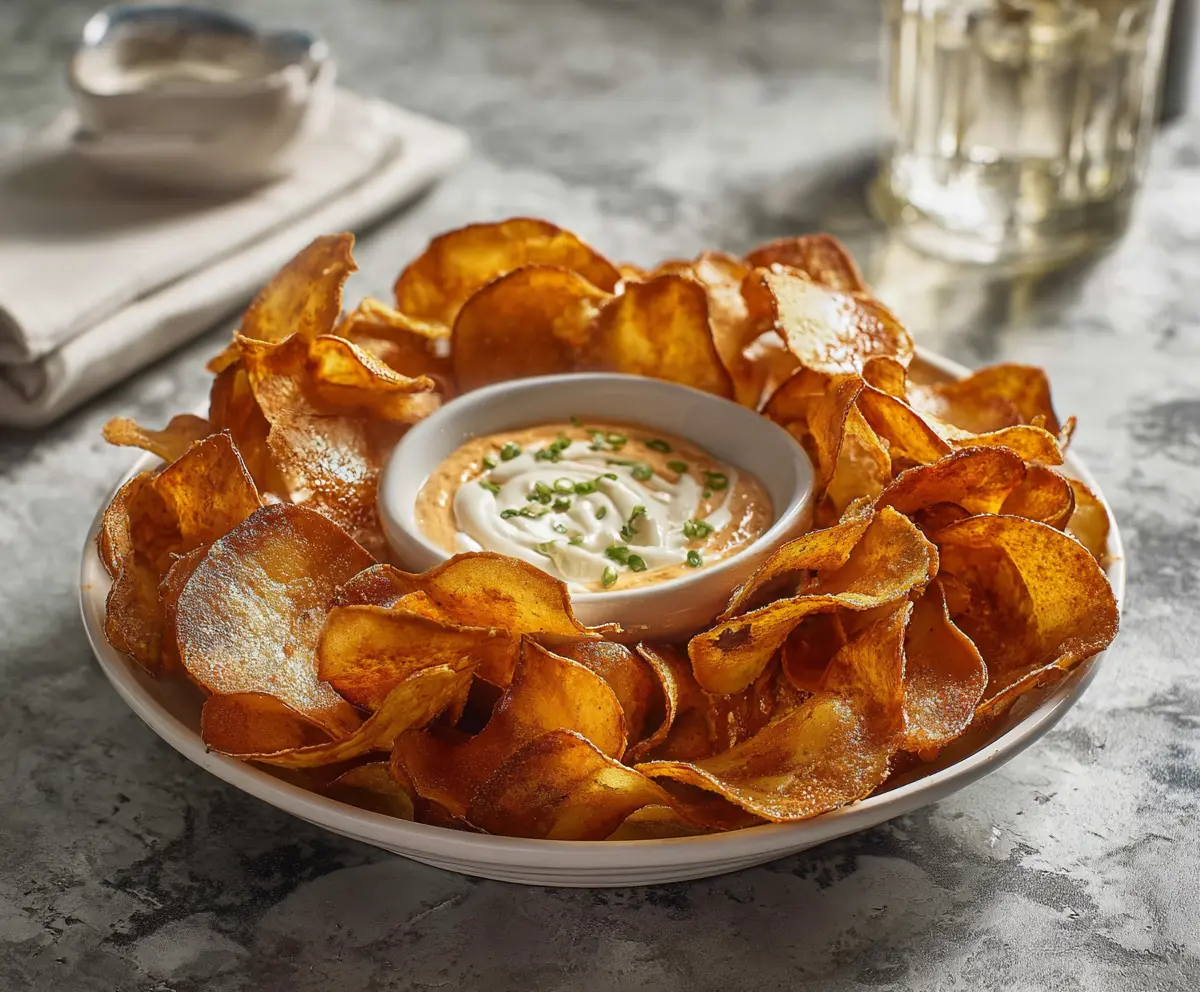 Crispy Buffalo Chips served with a spicy Louisiana Hot Dip, perfect as a flavorful appetizer.