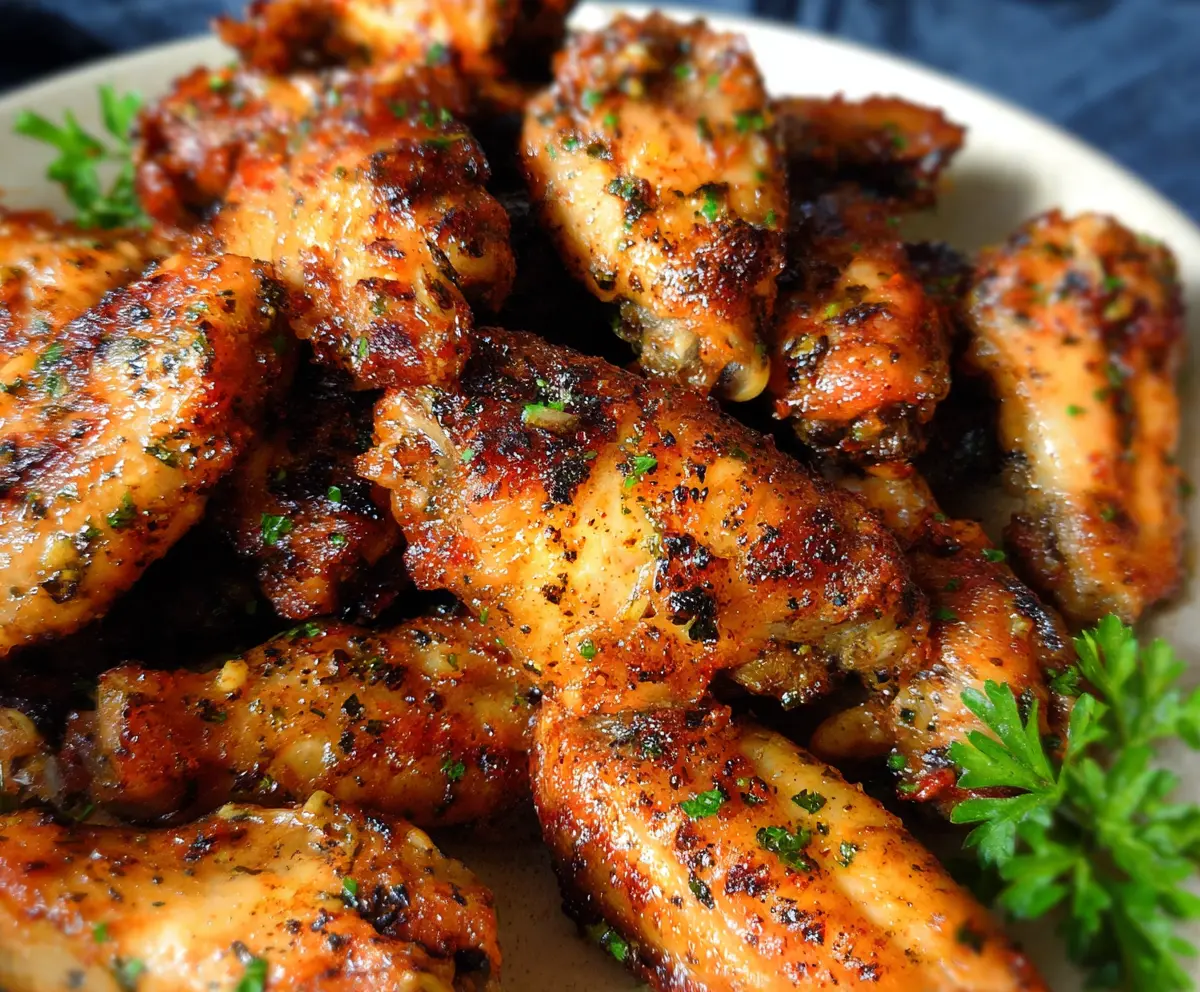 Juicy Cajun Garlic Chicken Wings on a platter, garnished with fresh herbs, perfect for a spicy appetizer.