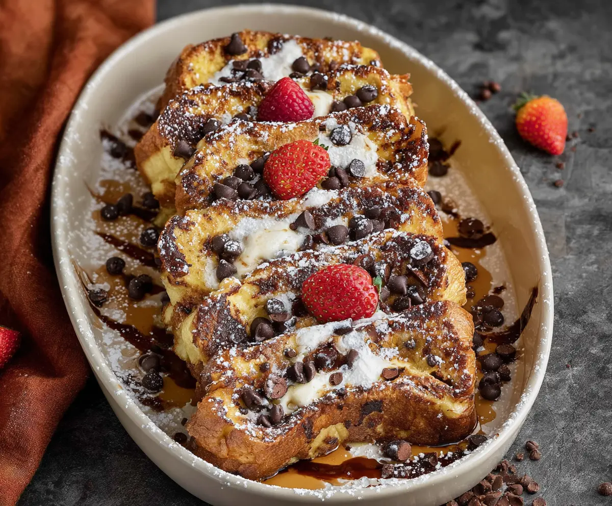 Delicious Cannoli French Toast topped with powdered sugar and chocolate chips, served for breakfast.