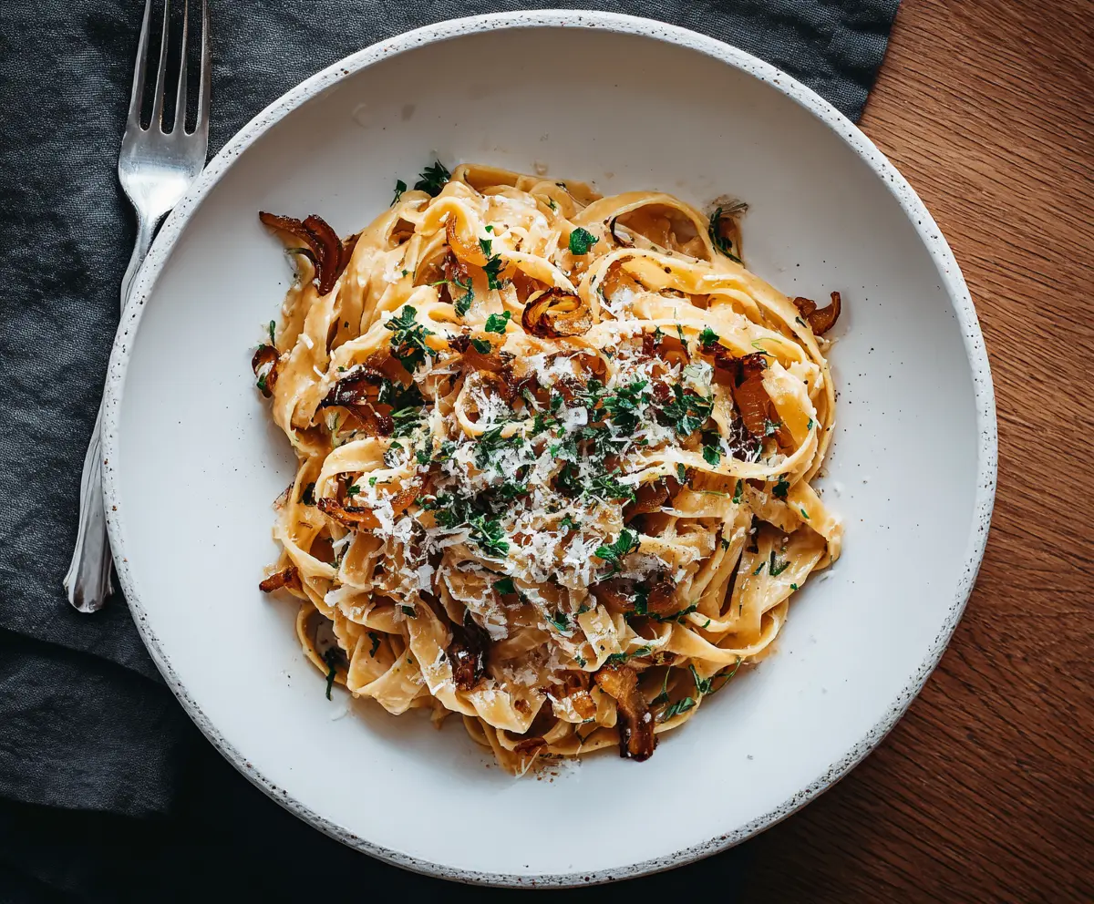 Delicious Caramel Onion Pasta served on a white plate, highlighting its rich caramelized onion topping and creamy pasta texture.