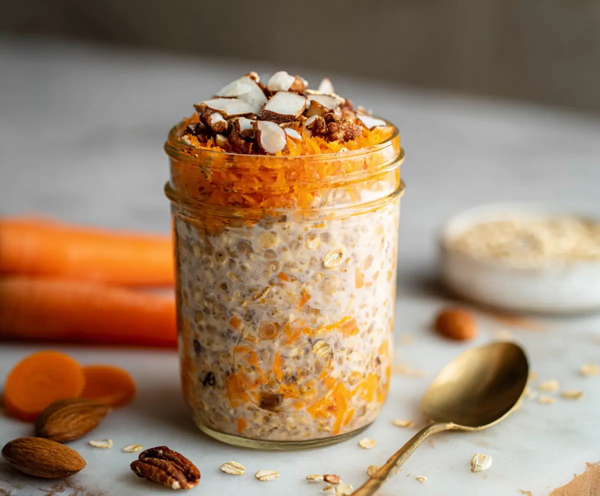 Delicious carrot cake overnight oats in a jar with grated carrots and creamy topping ready for breakfast