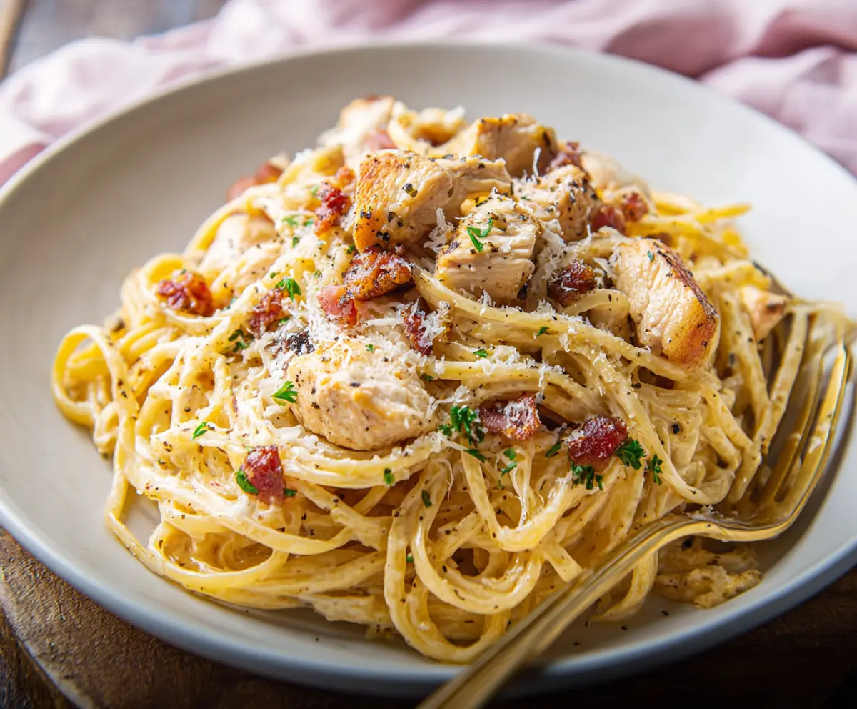 Delicious Chicken Carbonara Pasta served on a white plate with creamy sauce and herbs