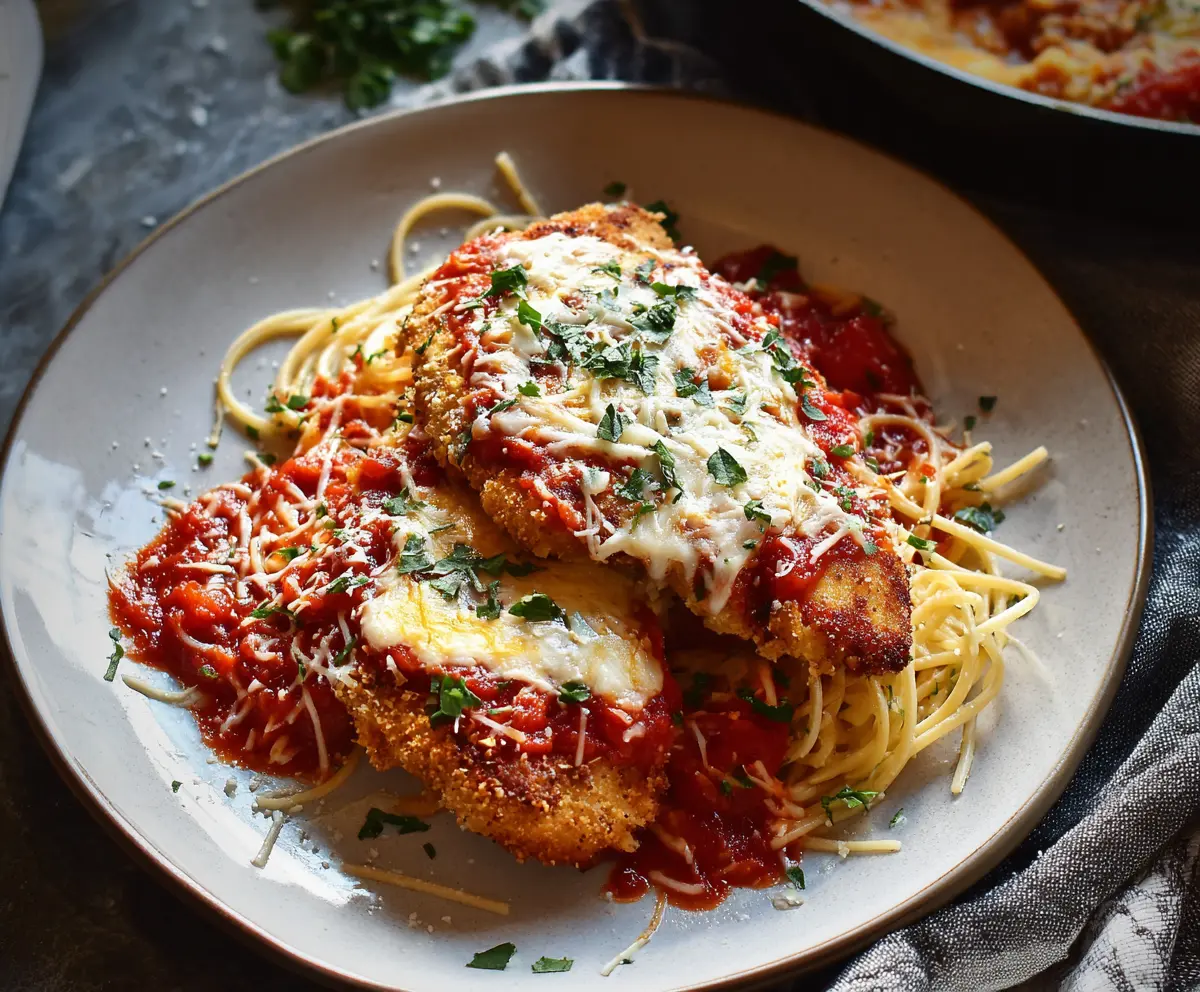 Delicious crispy Chicken Parmesan with melted cheese and marinara sauce.