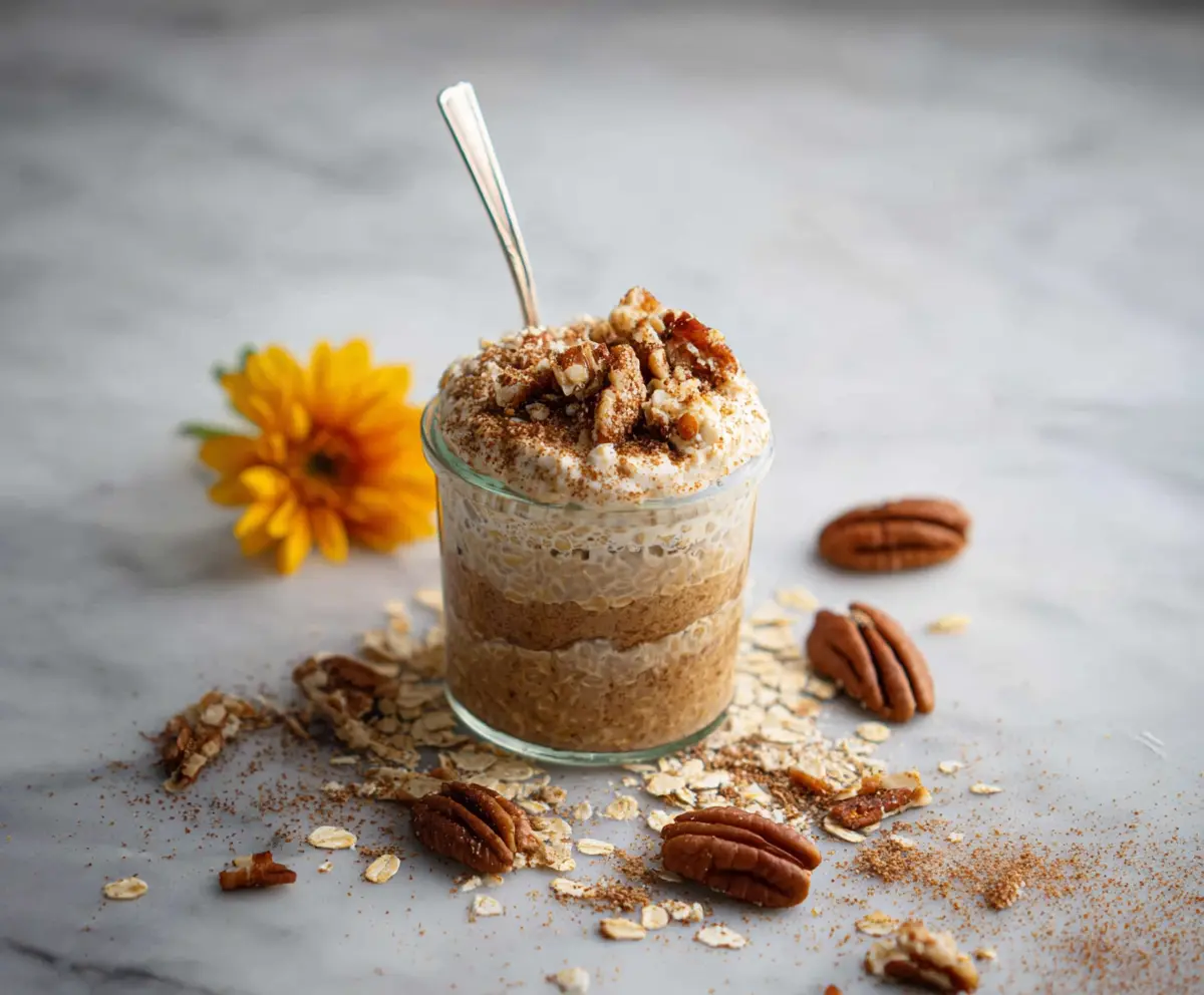 Delicious coffee cake overnight oats in a clear glass jar with a spoon on a cozy breakfast table.
