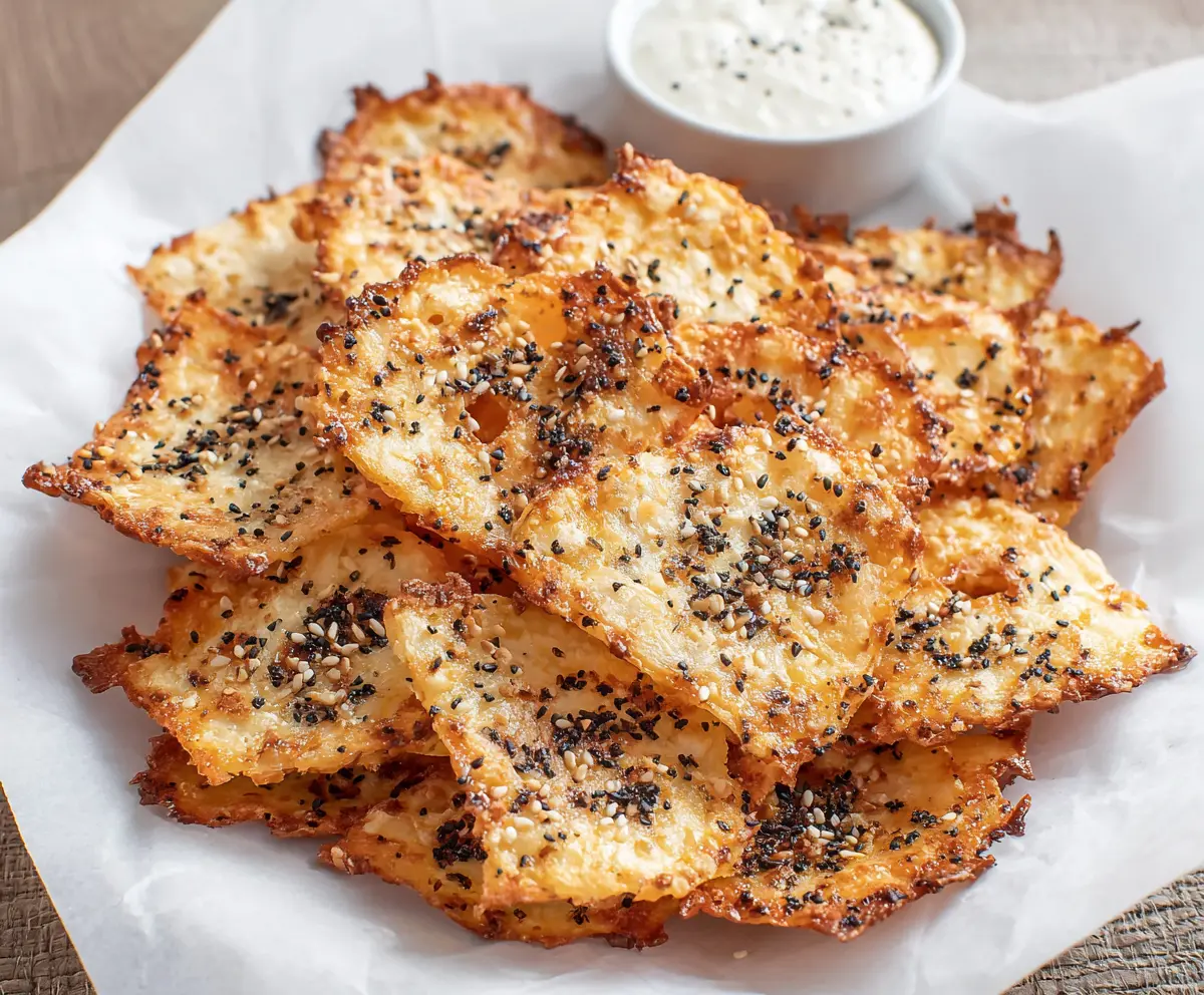 Delicious homemade cottage cheese baked chips served on a plate, perfect for healthy snacking.