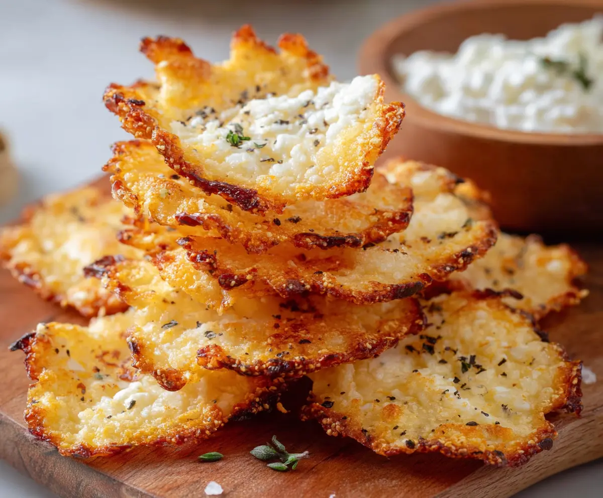 Crispy homemade cottage cheese chips served with fresh herbs for a healthy snack.