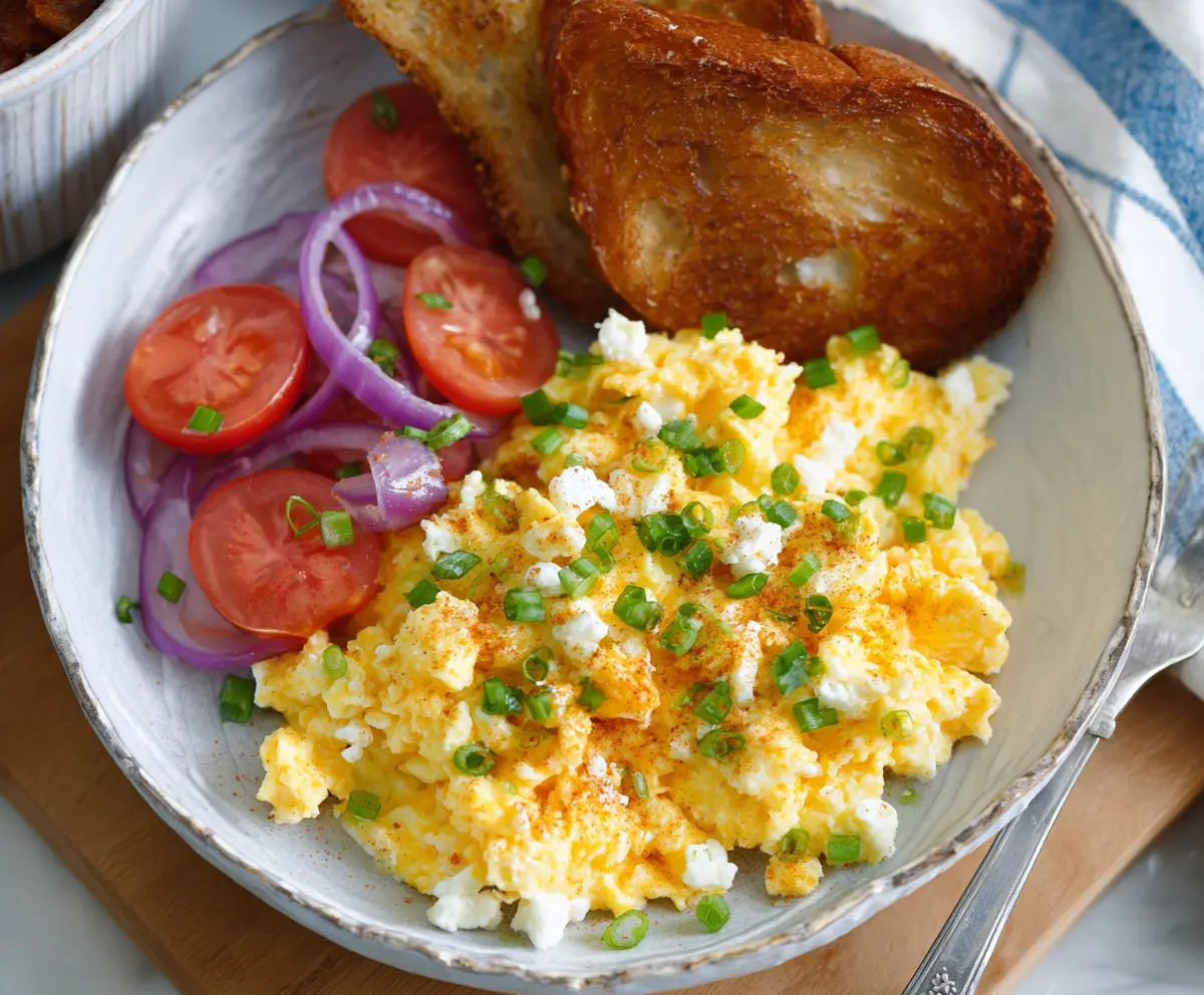 Healthy cottage cheese scrambled eggs served on a white plate, perfect for a nutritious breakfast.
