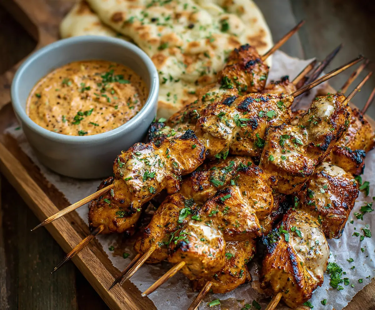 Juicy Cowboy Butter Chicken Skewers grilled to perfection, served with fresh herbs