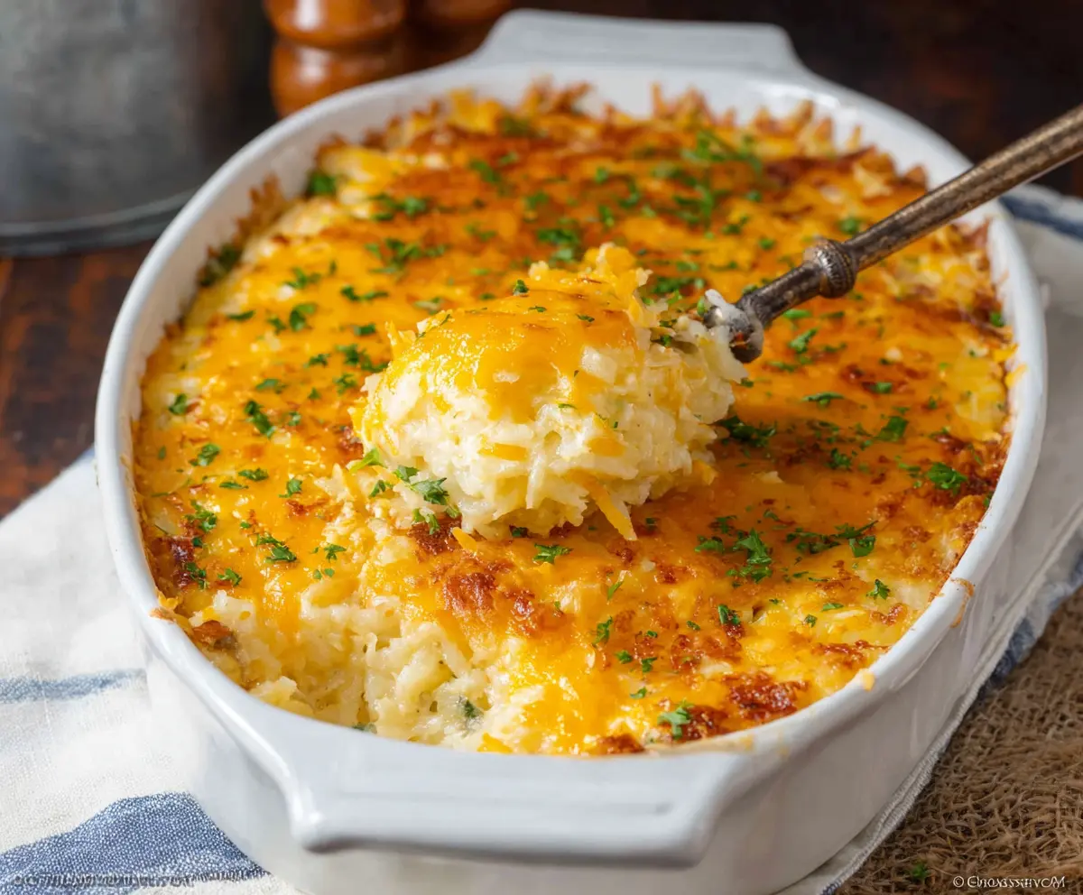Delicious Cracker Barrel Hashbrown Casserole served in a baking dish with crispy edges and creamy interior.