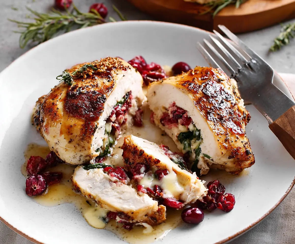 Cranberry Brie Stuffed Chicken served on a platter with fresh herbs