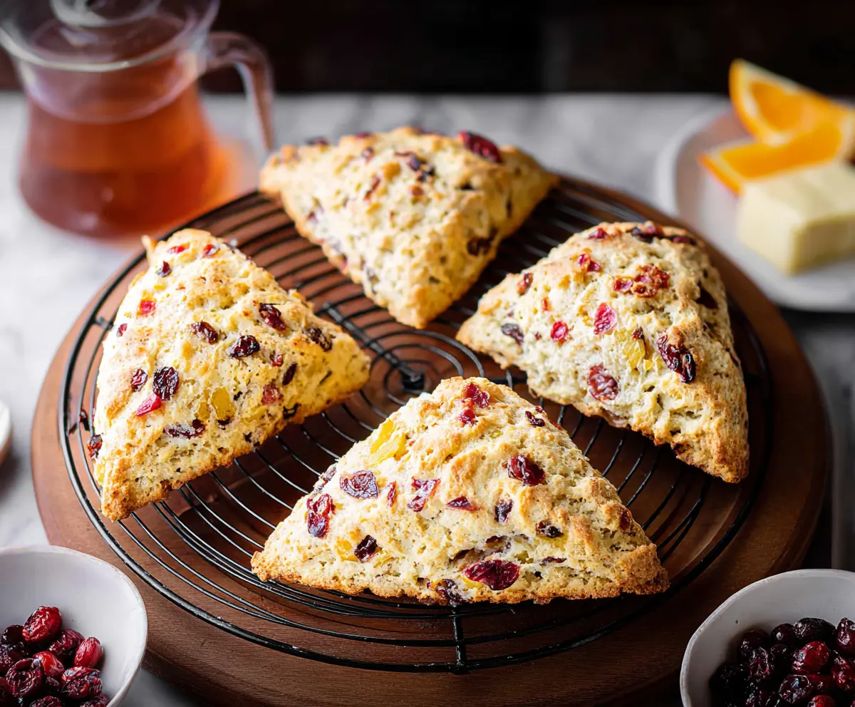 Delicious cranberry orange sourdough scones on a rustic plate, perfect for breakfast or brunch.