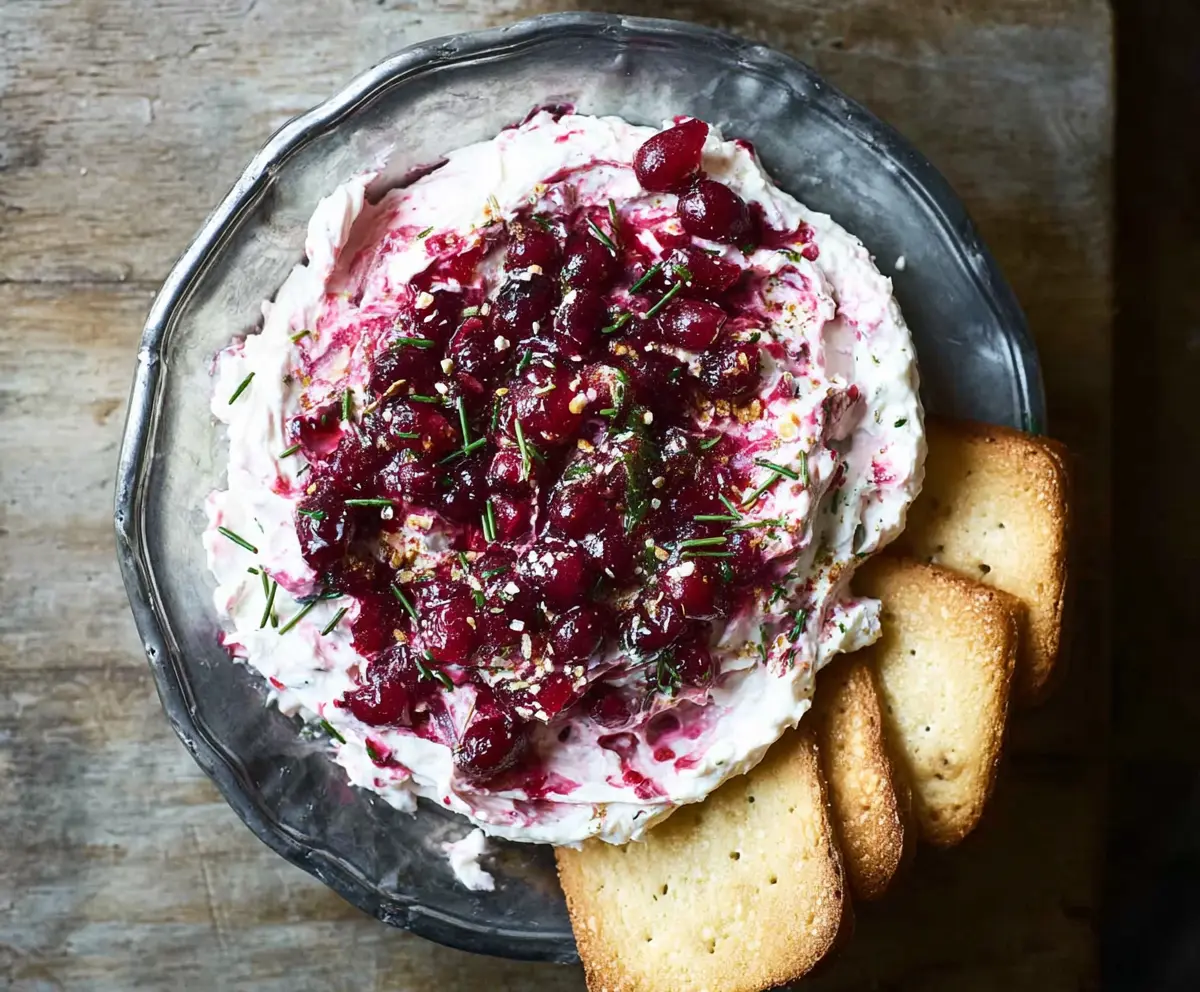 Creamy Cranberry Whipped Boursin Dip served with fresh crackers for holiday gatherings