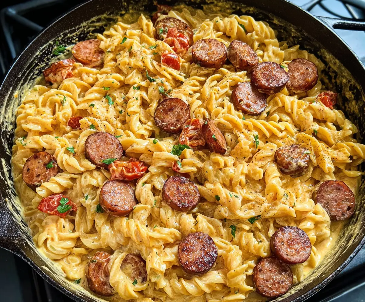 Creamy Cajun Sausage Pasta served in a bowl with fresh herbs