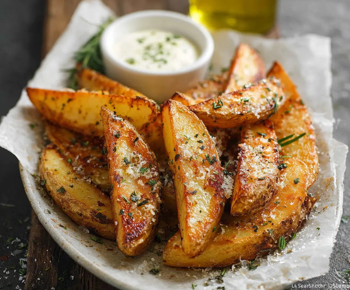 Golden crispy seasoned potato wedges on a plate, perfect for snacking or as a side dish.