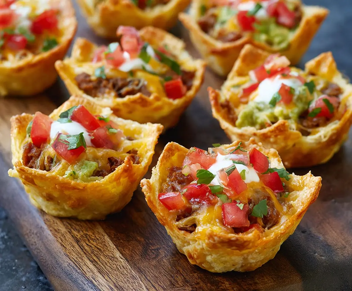 Delicious Crunchy Nacho Cups filled with melted cheese and jalapenos, perfect for snack time.