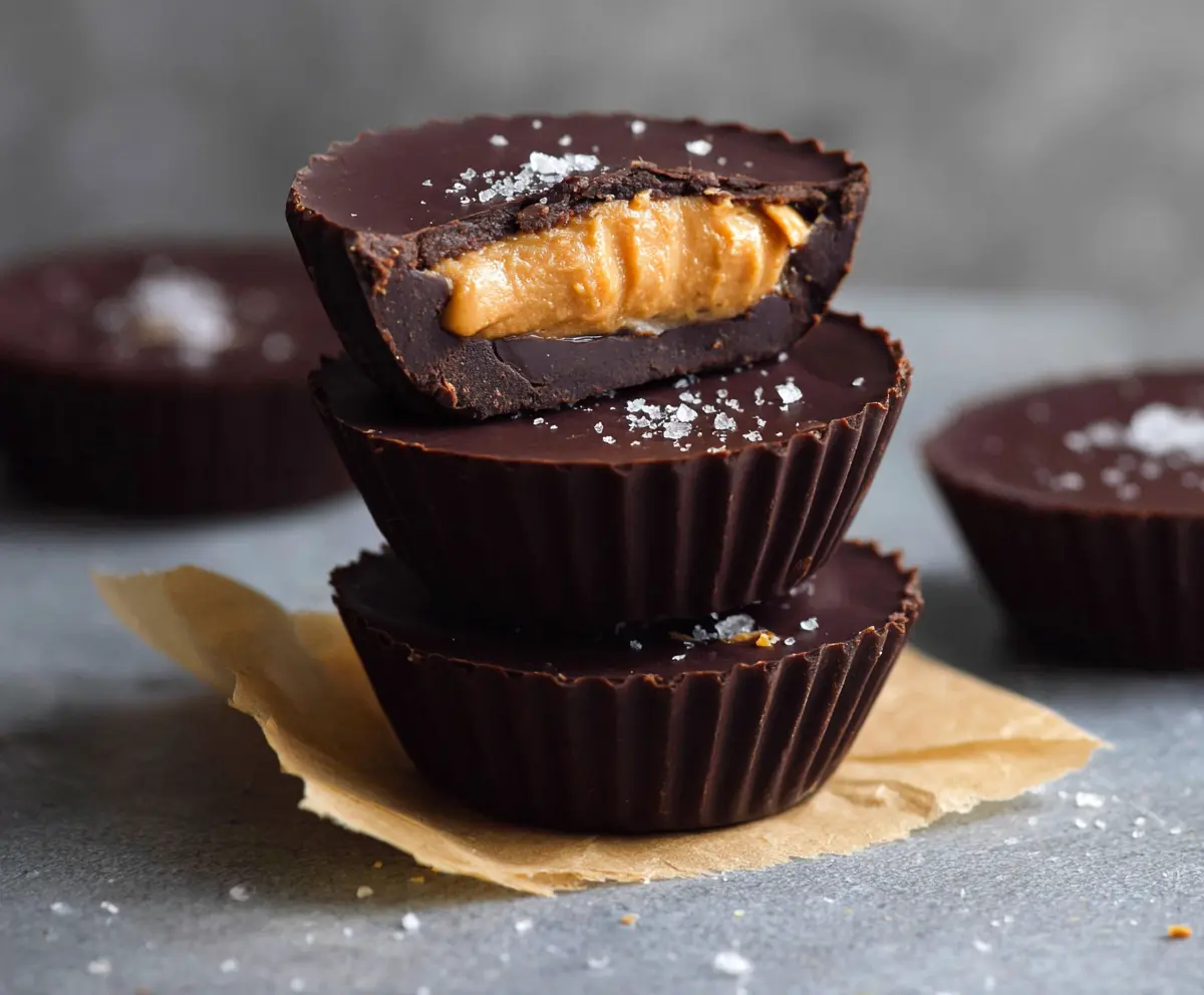 Delicious homemade dark chocolate peanut butter cups with a glossy finish and rich texture.
